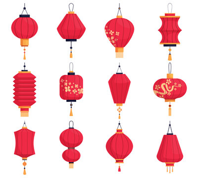 Traditional chinese lantern. Red oriental lanterns, china decorative lights. Asian style paper lamps with flowers. Street and home interior, festival decor, sapid vector set