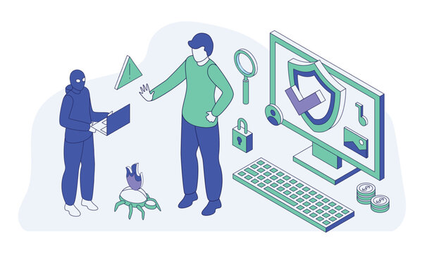 Isometric fraud protection. Personal data in safe, antivirus working. Thief with laptop wants to implement spyware to steal information, documents, nifty vector scene