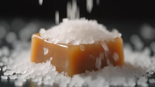 Salt crystals falling onto a smooth square caramel candy block in this slow motion animation video