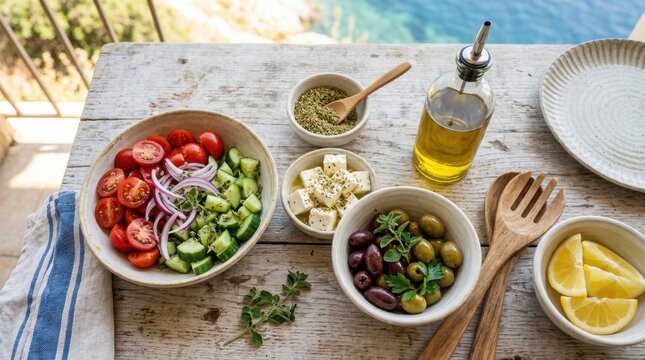Fresh Mediterranean salad ingredients arranged on a rustic wooden table by a pool, with tomatoes, cucumbers, red onion, feta, olives, lemon, olive oil, and wooden serving utensils in warm daylight