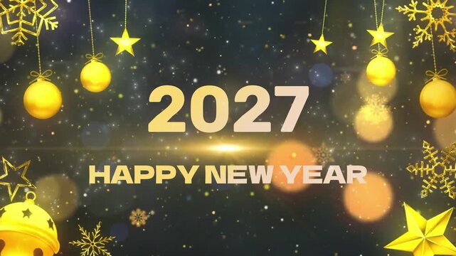 Ornaments hanging from strings against a dark starlit backdrop display the year 2027 and a happy new year message in gold typography for a seasonal celebration.