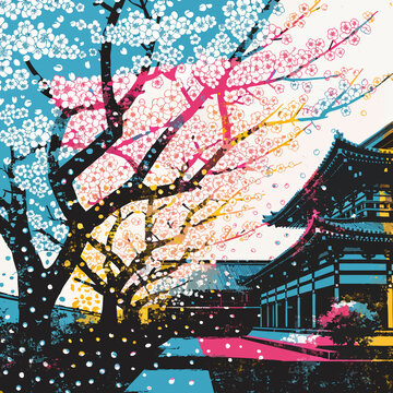 Beautiful pop art illustration of a traditional japanese risograph challenge