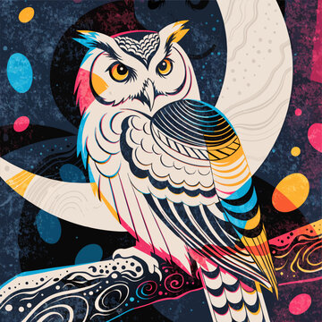 Detailed pop art illustration of a wise owl sitting risograph challenge