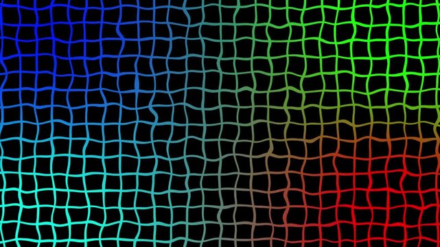 Wavy grid with rainbow color gradient on black. Abstract fluid wave grid for modern technology design. Abstract wavy motion for creative backdrop presentation.