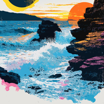 Picturesque ocean coastline with rocky cliffs risograph challenge