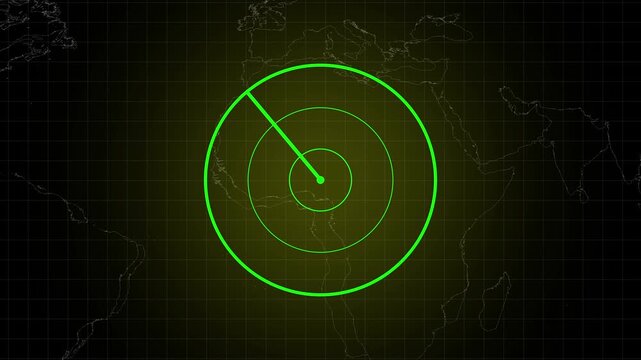 Radar screen displaying world map and tactical target. World map symbol for global defense surveillance tracking. Digital radar screen animation for safety.