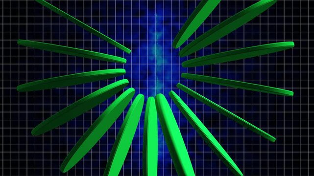 Green rings radiating from center on grid background. Technology circular waves for sonar target tracking system. Digital grid animation for dashboard layout.