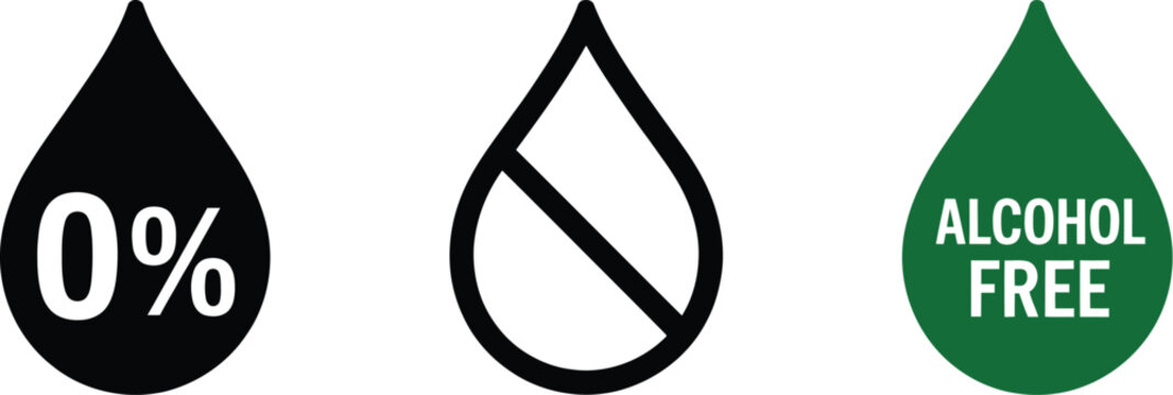 Alcohol free, icon set, zero percent alcohol symbols for beverage labeling product packaging and consumer information
