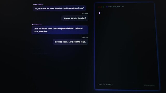 Chat interface shows an AI assistant discussing code development with a human programmer beside a dark terminal editor window. Concept of AI collaboration, software engineering, and future programming