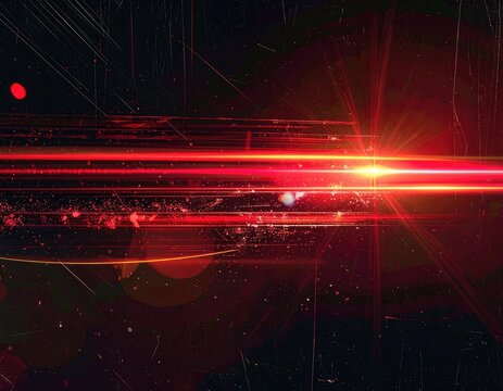 Intense red light beams pierce through dark, textured, scratched space