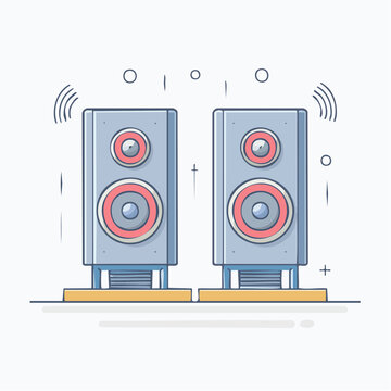 Pair of Modern Speakers Emitting Sound Waves