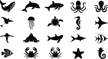 Marine life silhouettes featuring whale, dolphin, shark, octopus, turtle, seahorse, fish, crab, starfish, and other ocean animals © It's Bishaaaaaal