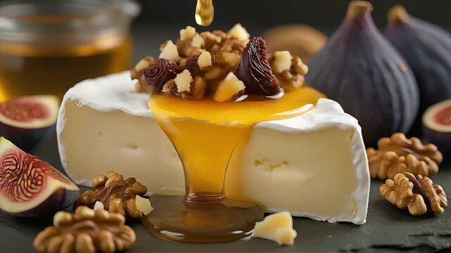 Golden honey dripping over creamy brie cheese with walnuts and figs in this motion video
