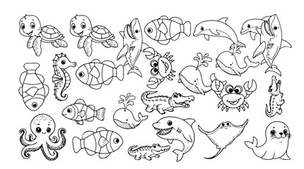 Fototapeta premium Cute Sea Animals Coloring Page Set for Kids Line Art Vector