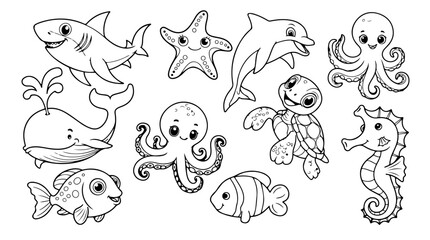 Fototapeta premium Cute Sea Animals Coloring Page for Kids Line Art Vector Set