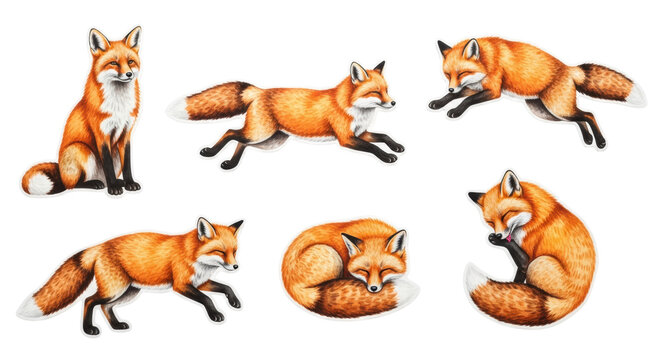 Ultra realistic product photograph of six detailed watercolor red fox illustrations (vulpes vulpes) on a crisp white background, showing pigment granularity. Concept for graphic design resources
