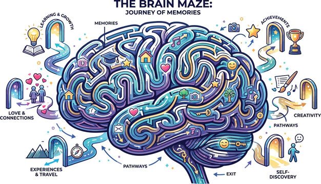 Brain maze represents complex human journeys through life and mental.