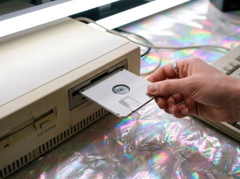 Woman inserting floppy disk into vintage computer drive. Retro technology and digital storage concept. Old hardware device for data saving. Computer science history and computing memory.