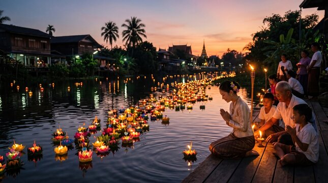 Loi Krathong Festival: Thai village celebrates with floating lanterns made from recycled plastic waste at dusk