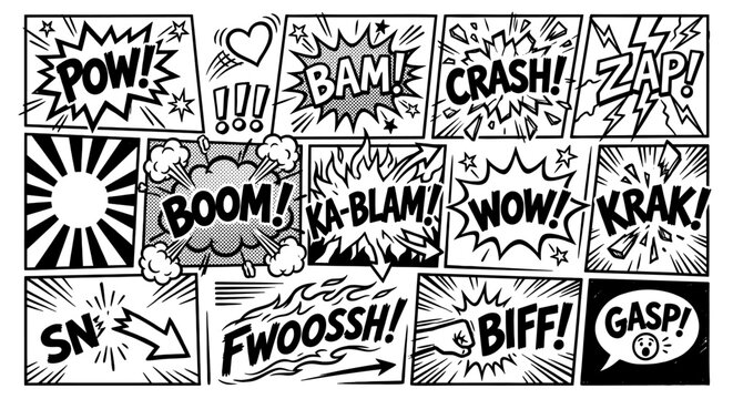 Vintage comic book sound effects collection, black and white pop art speech bubbles, retro superhero action onomatopoeia set for graphic design
