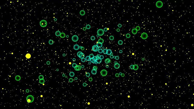 Green and blue bubbles with yellow dots background. Abstract bubbles pattern for clean cosmetic fluid presentation. Abstract bubbles animation for backdrop display.