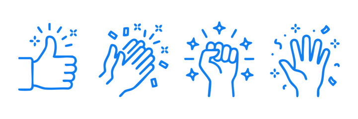 Minimalist blue line hand gesture icons, set of 4 celebration hand symbols, thumbs up and clapping hands for business success and social media © Angel Mandik