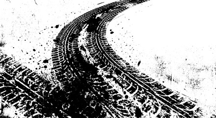Obraz premium Grunge tire track texture on white background, black ink skid marks with splatter, industrial automotive wheel tread pattern for racing design