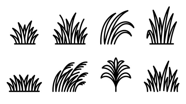 Set of Minimalist Grass Clump Vector Line Art Illustrations for Nature