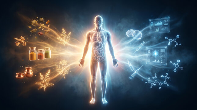Conceptual human body illustration with herbal remedies on one side and pharmaceutical treatments on the other, representing integrative medicine, health balance, and treatment choices.