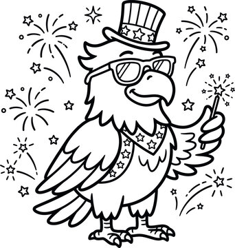 Cute Patriotic Eagle with Uncle Sam Hat and Sunglasses Coloring Page