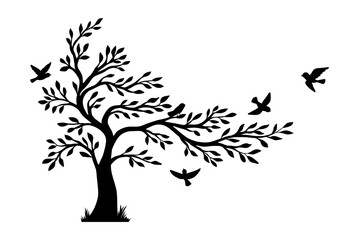 Obraz premium Black birds silhouette with tree branch. Sketch tree vector forest illustration. Flying birds icon pattern. Tree with leaves on white background