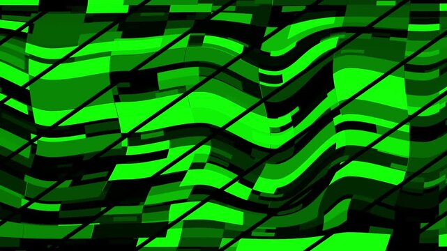 Abstract green and black wavy geometric pattern animation. Green fluid wave for retro computer graphic style layout. Abstract fluid wave animation for tech backdrop.
