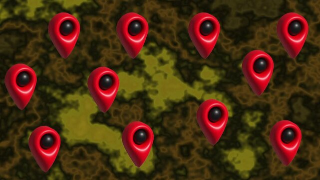Red map pins scattered on textured background location. Map marker icons for global customer distribution network data. Digital map pin animation for logistics.