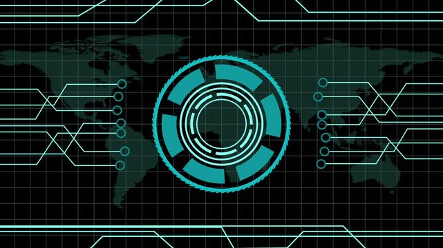 Futuristic digital interface with world map and HUD panel. Global network symbol for international surveillance tracking. Digital world map animation for security.