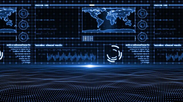 Royal blue color hi tech HUD animation with random codes and binary code matrix design black technology background