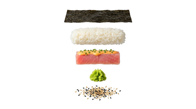 Ingredients for making fresh sushi roll including nori seaweed rice raw tuna fish spicy mayo wasabi paste and sesame seeds arranged in a vertical layer stack