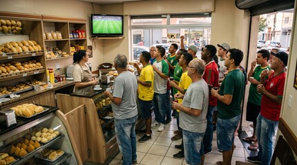 Obraz premium Men wearing soccer jerseys watch a match on TV inside a bakery, cheering and holding drinks