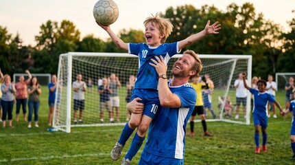 Obraz premium Father celebrates with son holding soccer ball aloft after winning game on grassy field with cheering crowd and goal in background