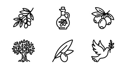 Fototapeta premium Olive Branch Icons, Olive Tree, Oil Bottle, Dove of Peace, Vector Graphics