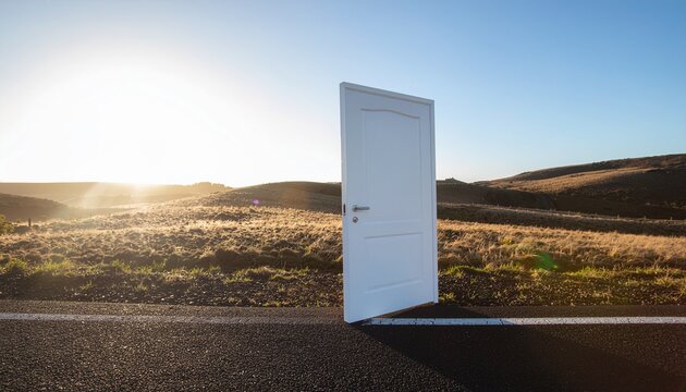 Single closed white door standing alone in an open landscape at sunrise