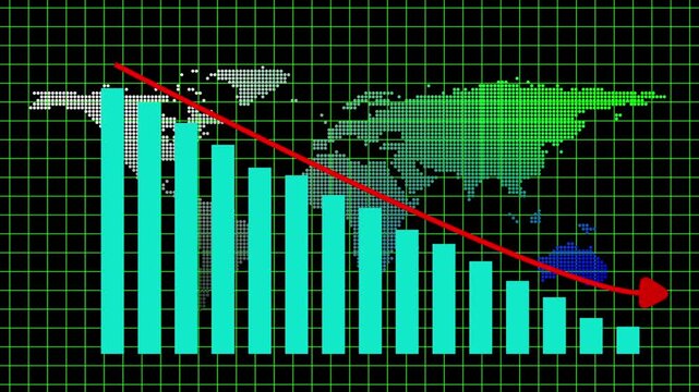 Declining bar chart with downward arrow over world map. Business loss chart for market financial crisis data. Digital bar chart animation for economic failure report.