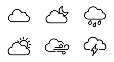 Obraz premium Weather Icons: Cloud, Sun, Rain, Moon, Wind, Storm Icons, Vector Set