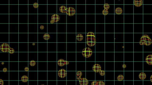Abstract spheres with plaid texture on grid background. Geometry shapes pattern for technology layout design. Digital geometric animation for video presentation.