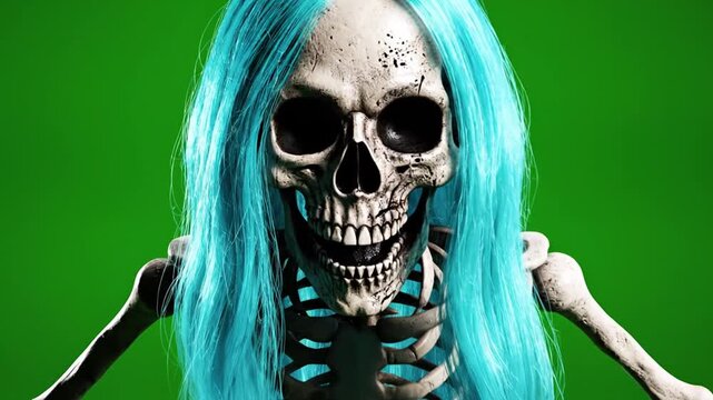 Human skeleton with blue hair on green screen.