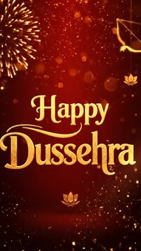 Happy Dussehra greeting card with fireworks on red background