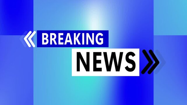 Breaking news text overlay with blue gradient background. Media broadcast symbol for headline alert notification. Digital breaking news animation for journalism.