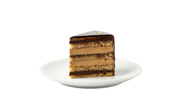 A single slice of delicious layered chocolate cake served on a small white plate
