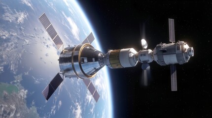 Fototapeta premium Docked spacecraft modules orbiting planet Earth. Space station components connected in low earth orbit for international research mission.