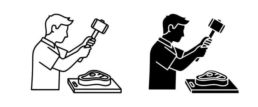 Butcher Tenderizing Steak with Mallet, Food Preparation Icon Set