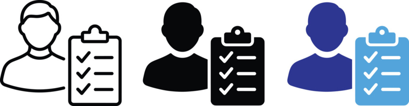 User Profile Checklist Icon Set Person With Document List Vector Illustration Line Art Design